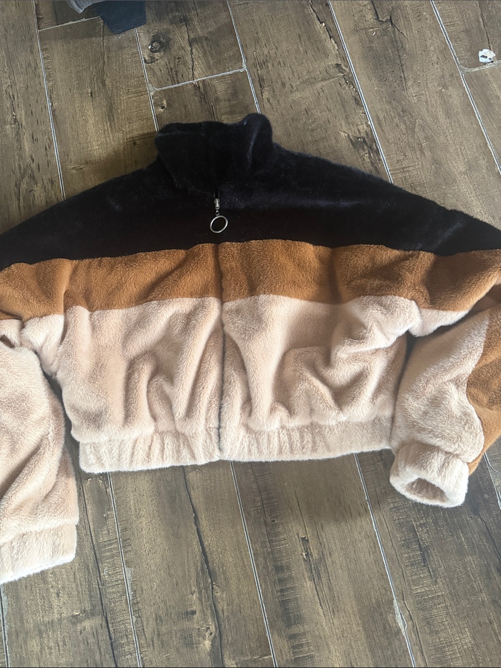 Forever 21 Colorblock Faux-Fur Cropped Jacket in Black, Brown & Cream